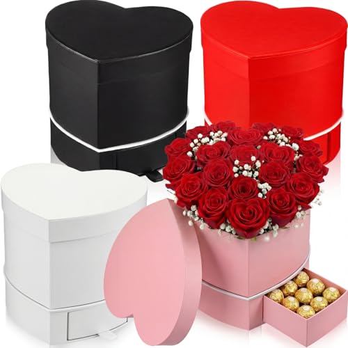 Fullhawl 4 Pack Heart Shaped Flower Box with Drawer,6.1" Mother's Day Gift Box for Roses, Jewelry, Proposals,Weddings, Rom...