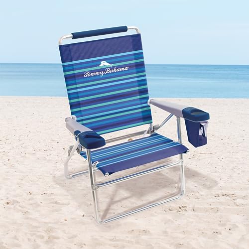 Tommy Bahama Set of 2 Highboy 4 Position Beach Chairs 15 Inch Seat Height with Cupholder, Side Storage Pouch and Mobile Ph...