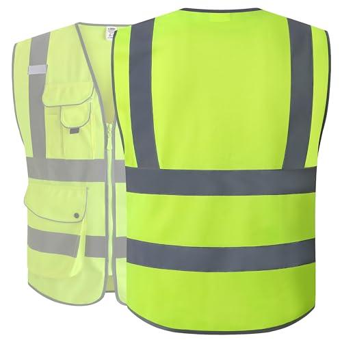 JKSafety 9 Pockets Class 2 High Visibility Zipper Front Safety Vest With Reflective Strips,Meets ANSI/ISEA Standard (Larg...
