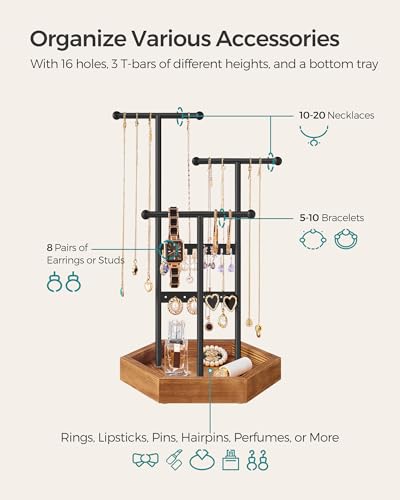 SONGMICS Jewelry Holder, Jewelry Organizer, 3 Tiers and 1 Tray, Jewelry Display Stand with Metal Frame, Necklace Earring B...