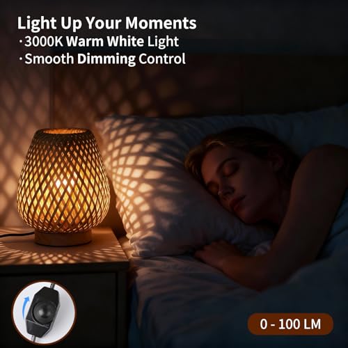 URLIGHTS Table Lamp with Double Layer Woven Shade Wood Base,Desk Bedside Small Lamps with 6ft Power Cord, 110V Plug, Dimma...
