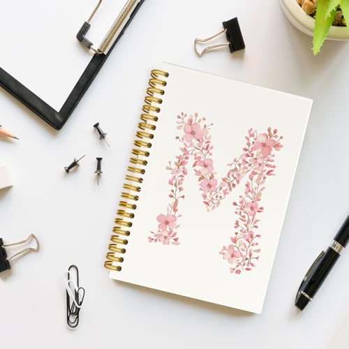 QROZIAR Pink Cute Spiral Notebook Journal, Preppy Floral Initial Letter M Personalized Journaling Notebooks, Monogrammed G...
