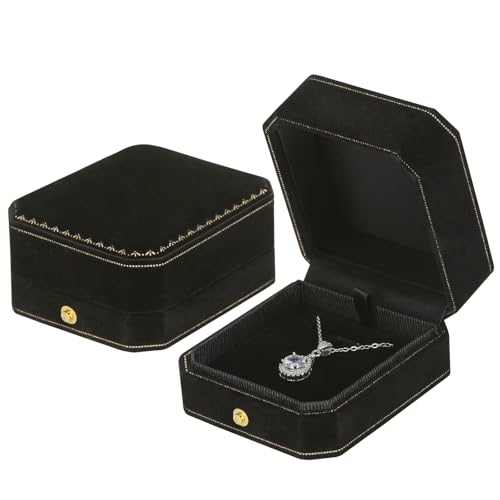 KUKUVR Velvet Necklace Box, Octagonal Luxury Pendant Gift Box for Wedding Engagement Proposal for Women (Black)