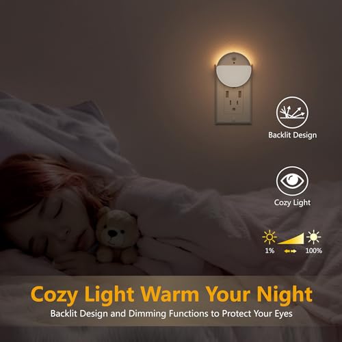 YUNLEX 2 Pack Plug in Night Light with Motion Sensor and Dusk to Dawn Sensor, Stepless Dimming, Warm White LED Nightlight ...