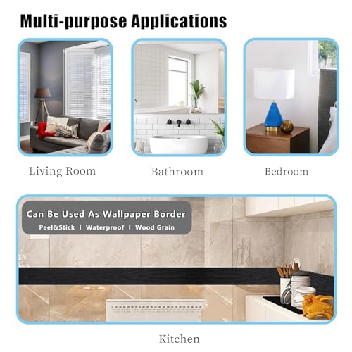 Teemall 10M Black Wood Grain Removable PVC Waterproof Border Wall Decor Removable Self Adhesive Kitchen Bathroom Tiles Sti...