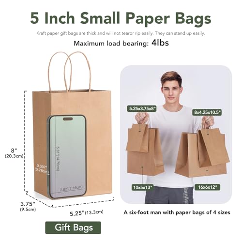 GSSUSA Brown Paper Bags 5.25x3.75x8 20Pcs, Small Gift Paper Bag with Handles Bulk, Graduation Gift, Sturdy Kraft Paper, Re...