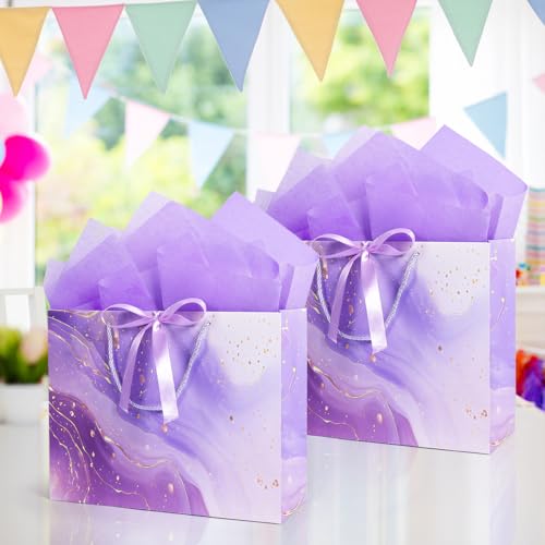 Purple Gift Bags, 2PCS 13” Large Gift Bags with Tissue Paper and Greeting Cards, Gift Bag with Handles Bow for Women Girl...