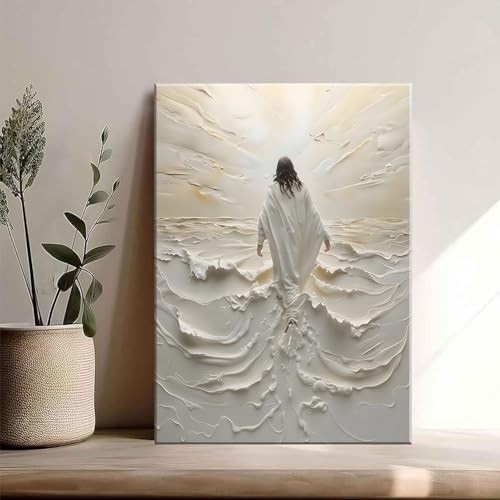 Abstract Jesus Walking on Water Canvas Wall Art Christian Spiritual Wall Decor Pictures Divine Light Modern Religious Post...