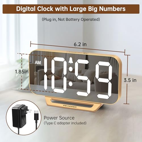 Peakeep Slim Digital Mirror Aesthetic Alarm Clock for Bedrooms Desk Decor - Plug in Electric Big LED Modern Small Clock fo...