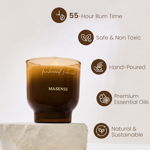 M&SENSE 9.88oz Natural Soy Wax Jar Candle with Wooden Wick | Teakwood Intense Scent | 55-Hour Burn & Long-Lasting Burn | H...