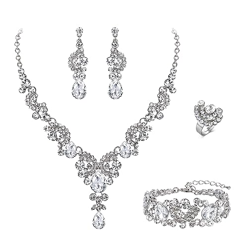 EVER FAITH Rhinestone Crystal Bridal Floral Wave Teardrop Necklace Earrings Set