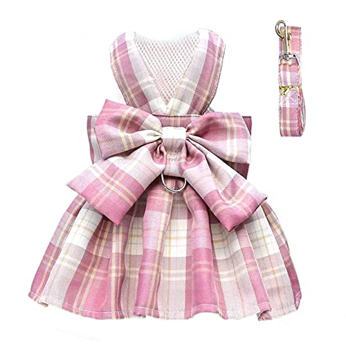PETCARE Plaid Dog Dress Bow Tie Harness Leash Set for Small Dogs Cats Girl Cute Princess Dog Dresses Spring Summer Puppy B...