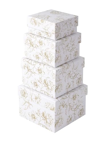 Sorarto Square Gift Boxes with Lids 4pc Set | White Gold Floral Nesting Gift Boxes for Presents Birthday Wedding Bridesmai...