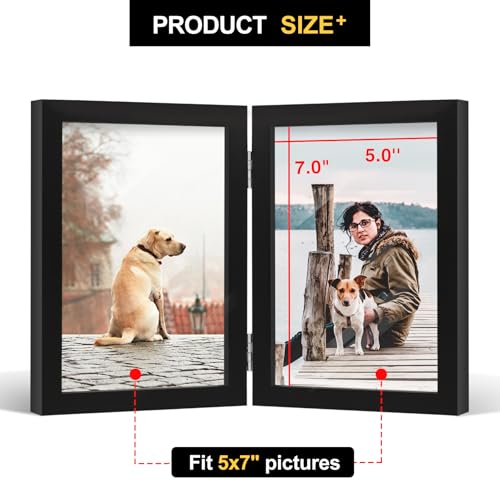 FOREV 5x7 Double Picture Frame Wooden Hinged Photo Frame Definition Glass Stand Vertically on Desktop or Tabletop Black