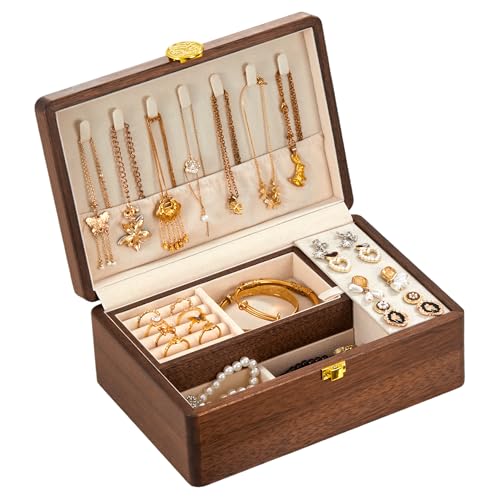 KAOTGOT Wooden Jewelry Box For Women Jewelry Organizer Box With Lock 2 Layer Jewelry Holder Organizer For Necklace Ring Ea...