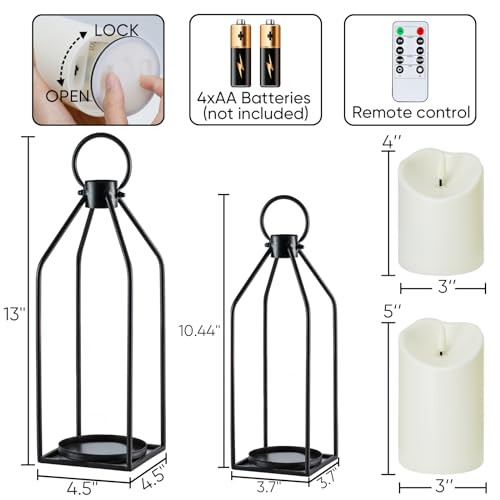 Homemory Modern Farmhouse Lantern Decor with Waterproof Flameless Candle & Remote Timer, 2PCS Black Metal Candle Lantern D...