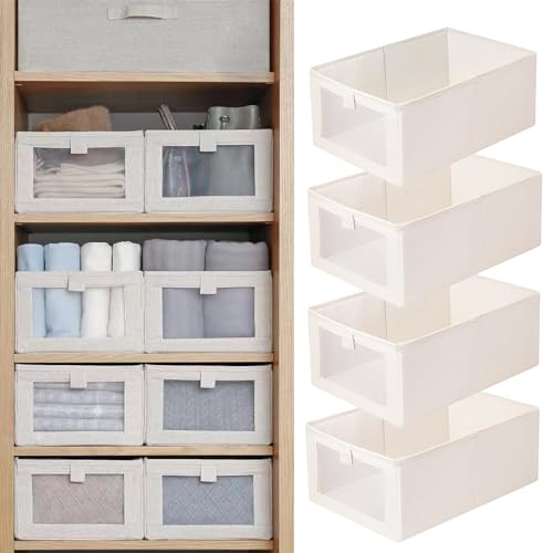 Pradnel Linen Closet Organizers And Storage, 4 Pack Storage Bins Baskets for Organization Foldable Organizer with Clear Wi...