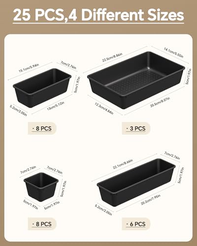 KEMETHY 25 PCS Plastic Drawer Organizers Set, 4 Sizes Vanity Organizer, Makeup and Desk Drawer Organizer Trays, Organizati...