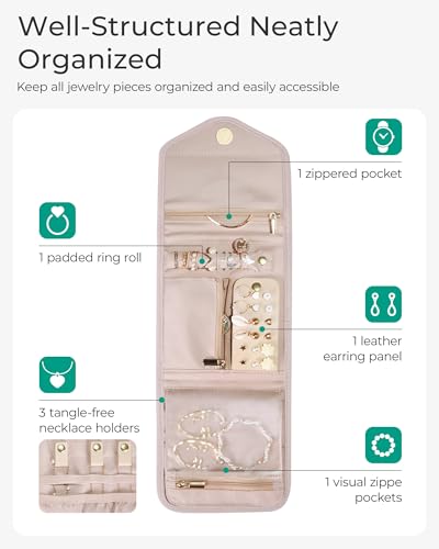 BAGSMART Travel Jewelry Organizer Case Foldable Small Jewelry Roll for Journey Rings, Necklaces, Earrings, Bracelets,Mini,...