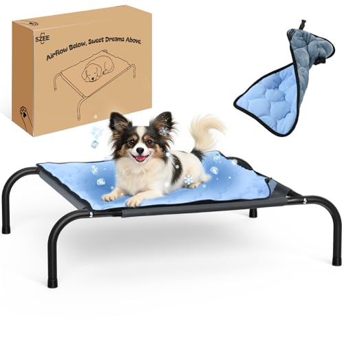 SZEE Raised Dog Bed with Detachable 2-Sided Cooling/Warming Waterproof Mat, Elevated Dog Cot Bed for Small Sized Breeds wi...