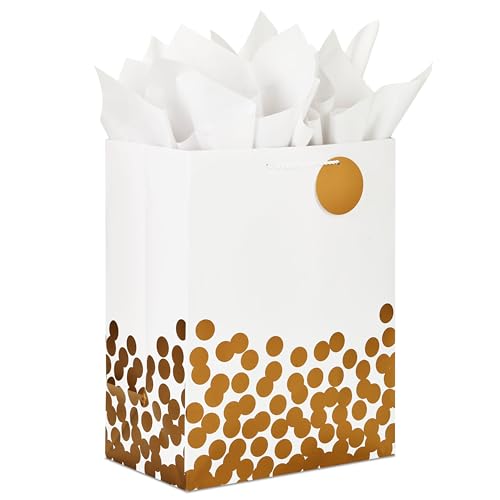 Hallmark 17" Extra Large Gift Bag with Tissue Paper (White with Gold Polka Dots) for Valentine's Day, Weddings, Engagement...