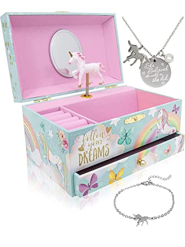 The Memory Building Co Unicorn Musical Jewelry Box Plays Classic Melody, Storage Organizer Music Box for Kids Ages 6-12, M...