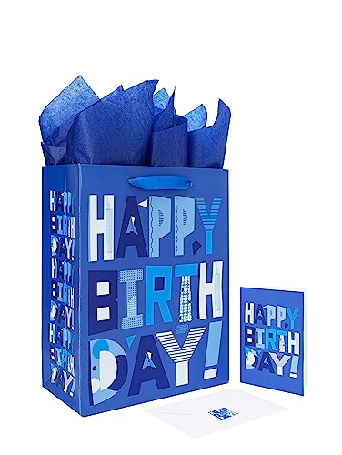 wishinside 13" Large Blue Gift Bags Set with Greeting Card and Tissue Papers (Blue Happy Birthday) for Men's Birthday Part...