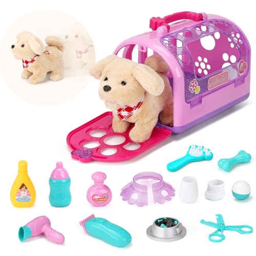 Sotodik Pet Care Play Set Electric Vet Play Set-Walking ,Barking,Tail Wagging Little Plush Dog Grooming Toys with Puppy Ca...