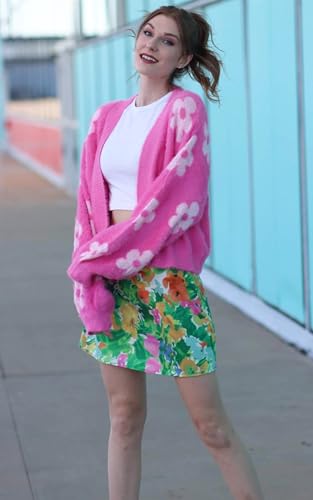ECOWISH Women Floral Cropped Cardigan: Fall Long Sleeve Open Front Fuzzy Daisy Print Knit Sweaters Casual Y2k Outerwear
