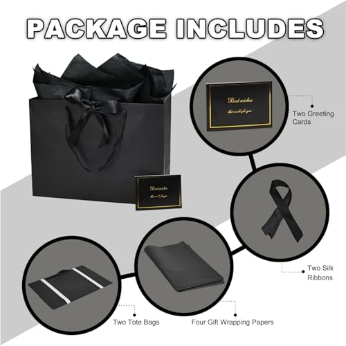 Papertide 2 Pack 16x6x12 Inch Large Black Gift Bag Set with Tissue Paper, Greeting Card & Ribbon, Big Gift Wrapping Kits f...