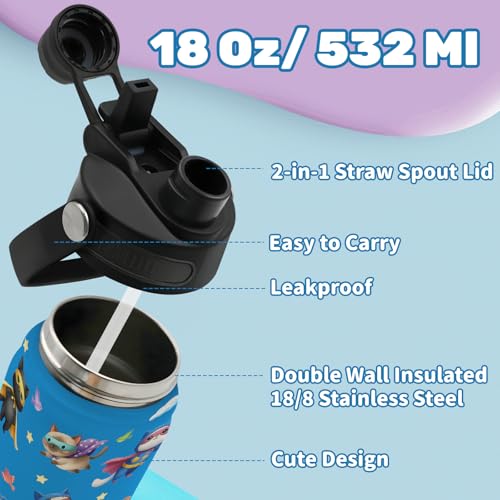 Goiicoln Insulated Water Bottle 18oz, Cats Gifts Water Bottle with 2-in-1 Straw and Spout Lid, Blue Cats Cup Leakproof, Ca...