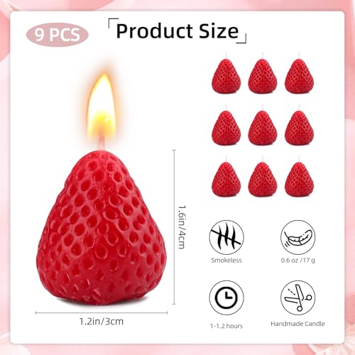 9 Pack Strawberry Shaped Scented Candles, Red Mini Soy Wax Fruit Aroma Decorative Candles, Realistic Strawberry Design for...