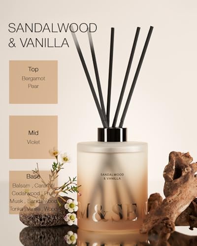 M&SENSE Sandalwood & Vanilla Reed Diffuser Set - 16.9 fl oz Long-Lasting Scent, Non-Toxic Essential Oil Diffuser for Home,...
