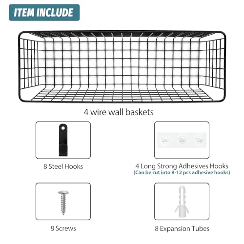 4 Set [EXTRA LARGE] Hanging Wall Mount Storage Baskets with Adhesive Hooks & Steel Hooks, Multiuse Sturdy Wire Metal Organ...
