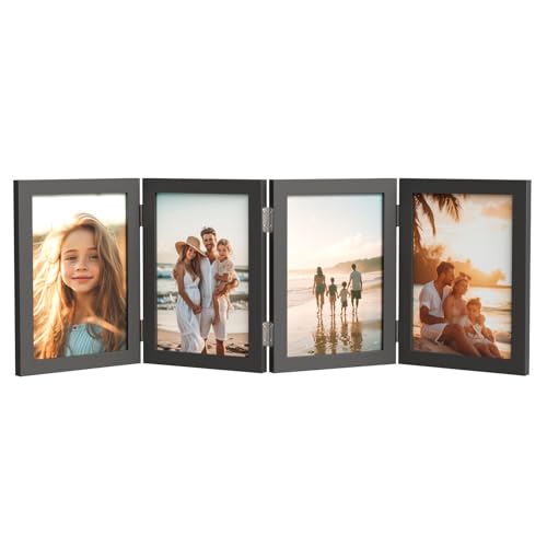 WARM&LOVE 4 Picture Frame, 4x6 Four Folding Hinged Photo Frames, Rustic Wood Desk Family Photo Collage Stand Vertical on T...