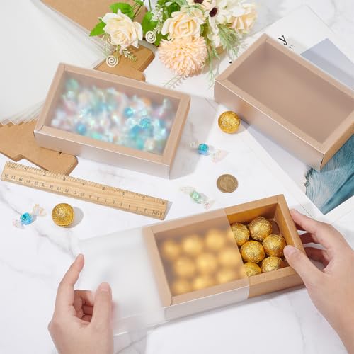 BENECREAT 12Packs Large Rectangle Brown Kraft Boxes Heavy Duty Gift Box with Clear PVC Windows 5.9x3x1.5 for Party Favor T...