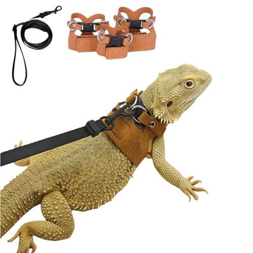 3 Pack Bearded Dragon Harness and Leash Set - Adjustable Soft Leather Lizard Harness Leash Small Animal Traction Rope Trai...