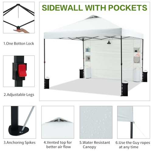 Tunbne 10'x10' Pop Up Canopy Tent with 1 Sidewall and 6 Pockets, One Push Setup, Instant Shade Tent with Vented Roof for B...