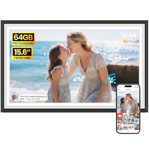 BIGASUO Digital Picture Frame Frameo 15.6" WiFi Electronic Photo Frames Large with 64GB Memory 1920x1080 IPS FHD Touch Scr...