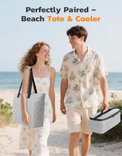 ISEYOU Beach Bag and Cooler Bag Set, 45L Waterproof XXL Foldable Tote with Zipper, 8 Pockets for Pool, Picnic, Travel