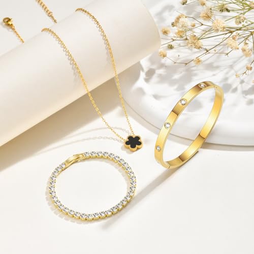 Gold Bracelets Necklace Jewelry Set - 3Pcs 18K Gold Plated Floral Bracelet,Stainless Steel Bangles, Waterproof Non-Tarnish...