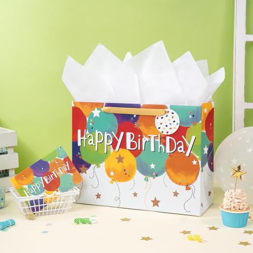 Loveinside Colorful Birthday Gift Bag, Balloons Pattern with HAPPY BIRTHDAY Text, Matching Tissue Paper, Greeting Card and...