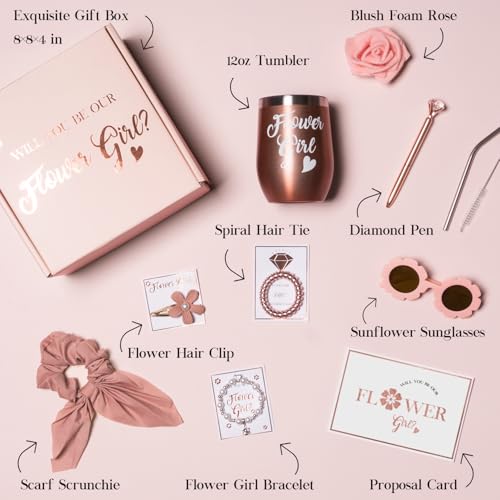 BESZONE Flower Girl Proposal Box 9 Pcs Gift Set Basket, Will You Be My Flower Girl Gift from Bride, Cup Sunglasses Bracele...