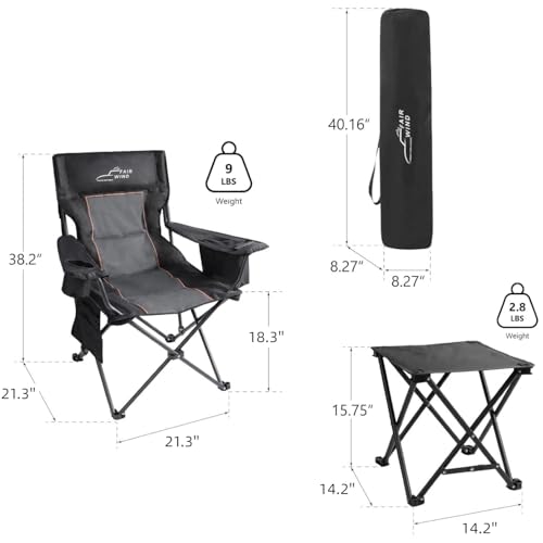 FAIR WIND Oversized Padded Camping Chair with Footrest Stool Set Heavy Duty Support 300 LBS Cooler Bag - Black