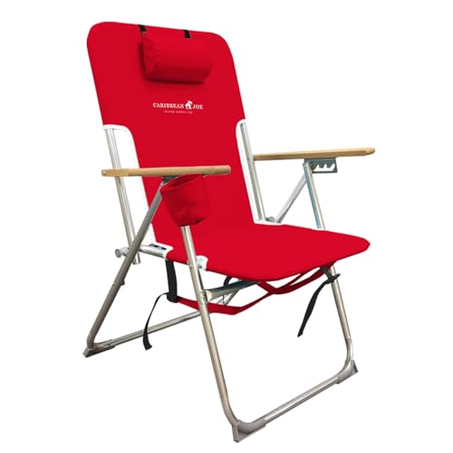 CARIBBEAN JOE Folding Beach Chair, 4 Position Portable Backpack Foldable Camping Chair with Headrest, Cup Holder, and Wood...