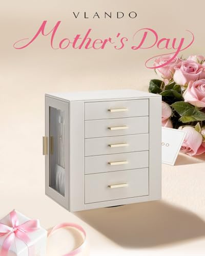 VLANDO 360ｰ Rotating Jewelry Box with 5 Drawers, Mothers Day Mom Gifts, Large Jewelry Storage with 2 Glass Window, PU Leat...