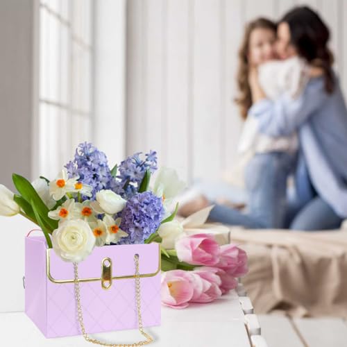 Florist Bouquet Paper Gift Box,4 Pack Folding Bouquet Flower Wrapping Boxes with Metal Chain Handle Basket Packaging Handb...