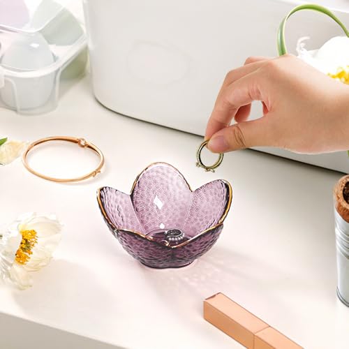 Purple Flower Jewelry Dish Glass Ring Holder Dish Jewelry Tray Cute Vanity Organizer Aesthetic Nightstand Bathroom Room De...