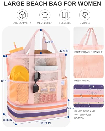 Genteen Beach Bag for Women, Mesh Tote Bags with Zipper, Sandproof Vacation Essentials with Cooler for Swim Cruise Pool