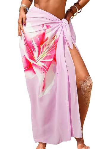Herseas Women Sheer Sarong High Slit One Size Swimsuit Coverups 2026 Summer Floral Print Chiffon Wraps Beach Cover Up